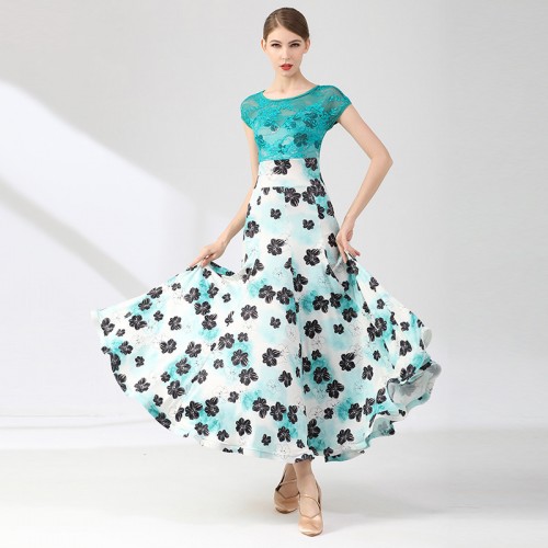 Women girls turquoise navy red floral printed lace ballroom dance dresses stage performance foxtrot smooth tango waltz dance long dress for lady